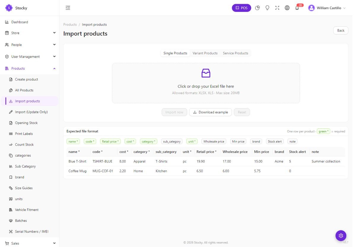 Import products page