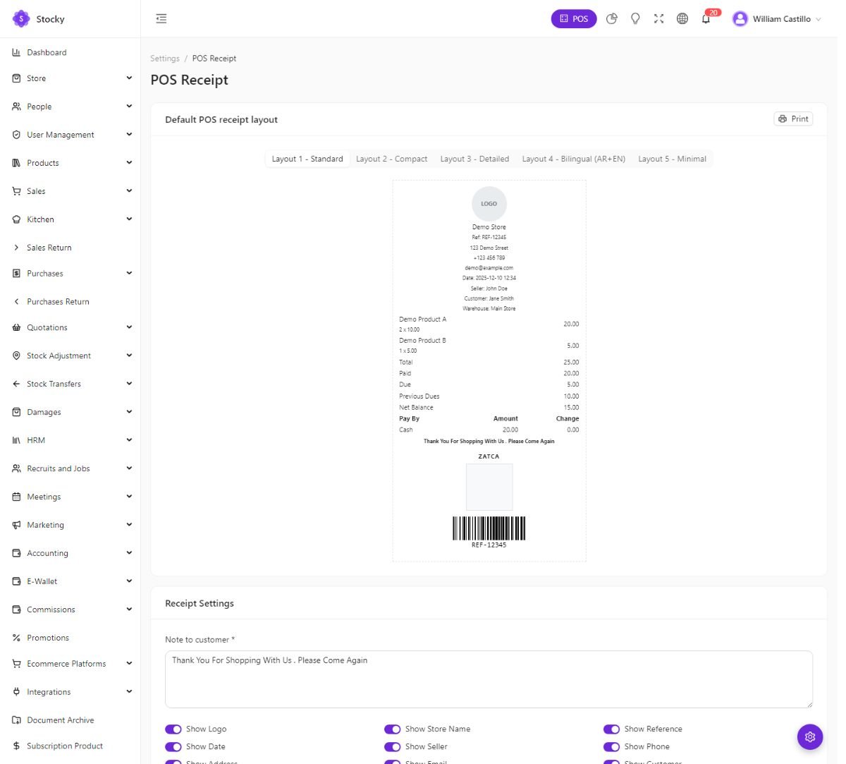 POS receipt settings with live preview