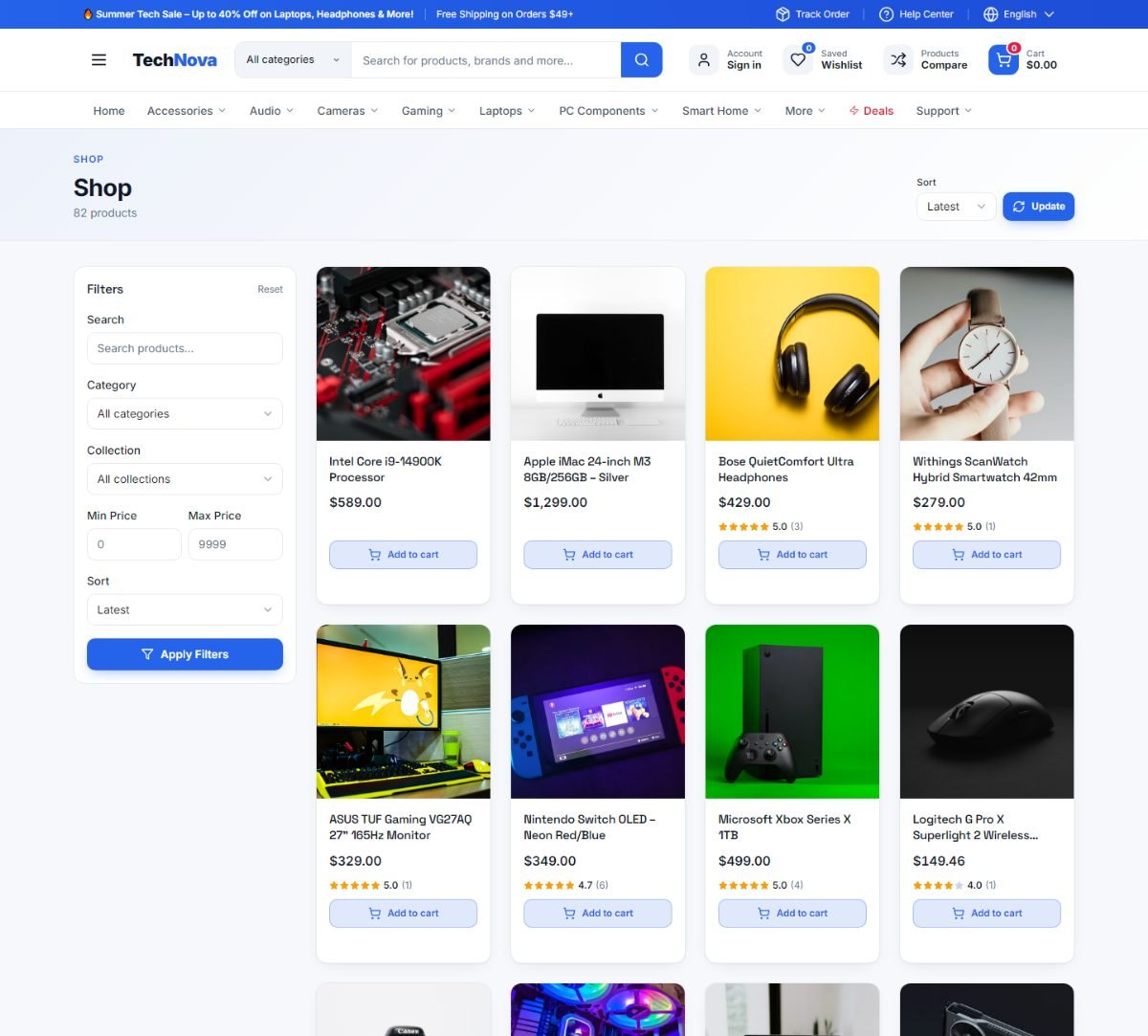 Shop page with filters