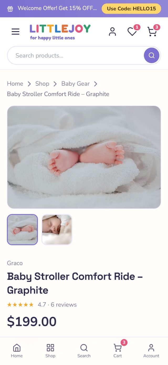 Toys product page on a phone