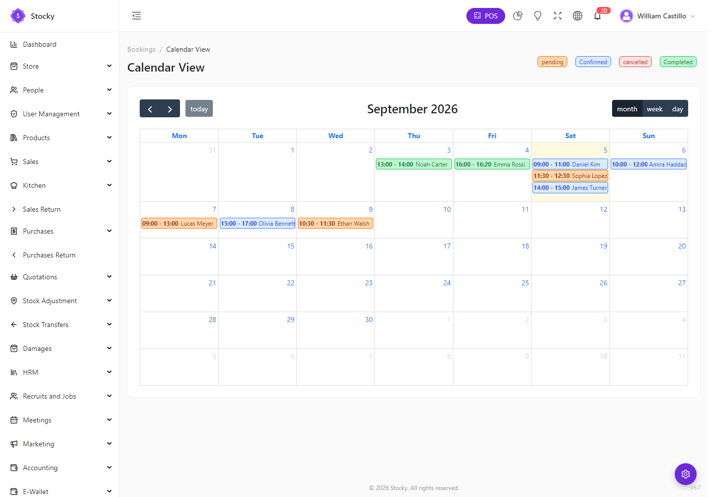 Bookings calendar
