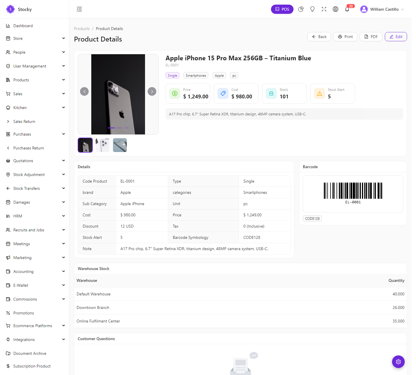 Product detail with warehouse stock and barcode