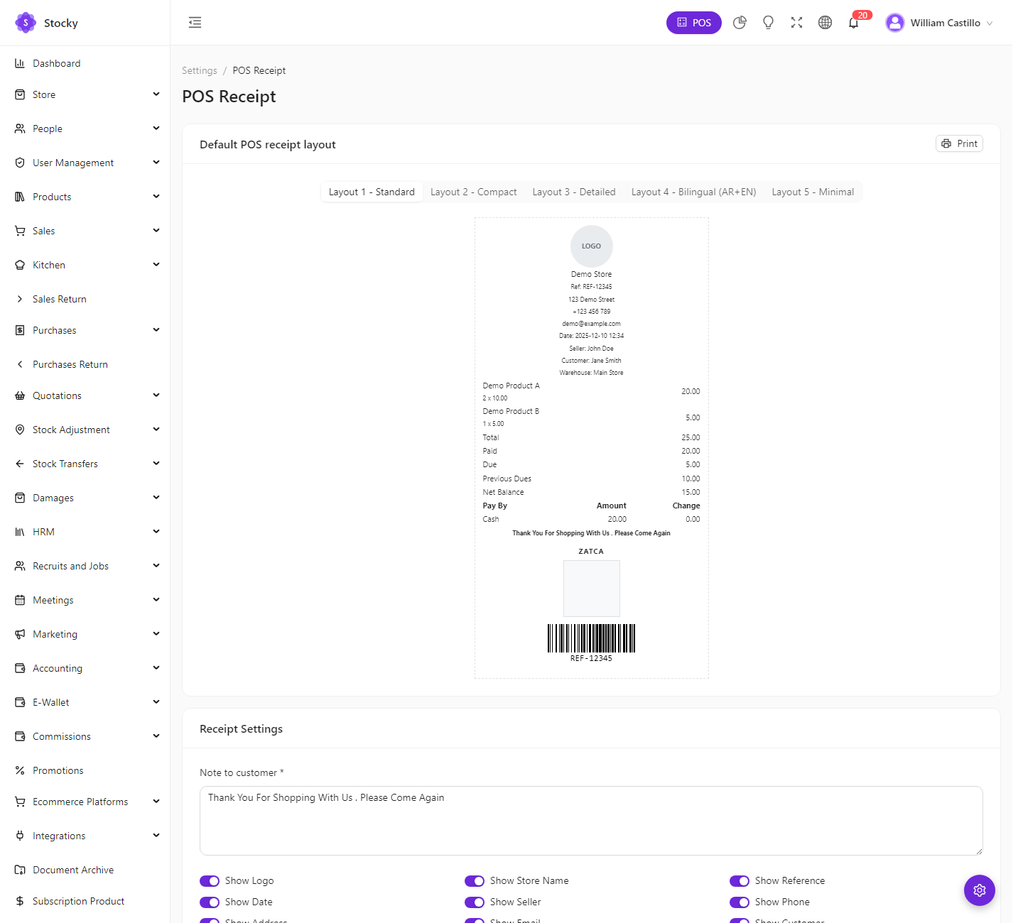POS receipt settings with live preview