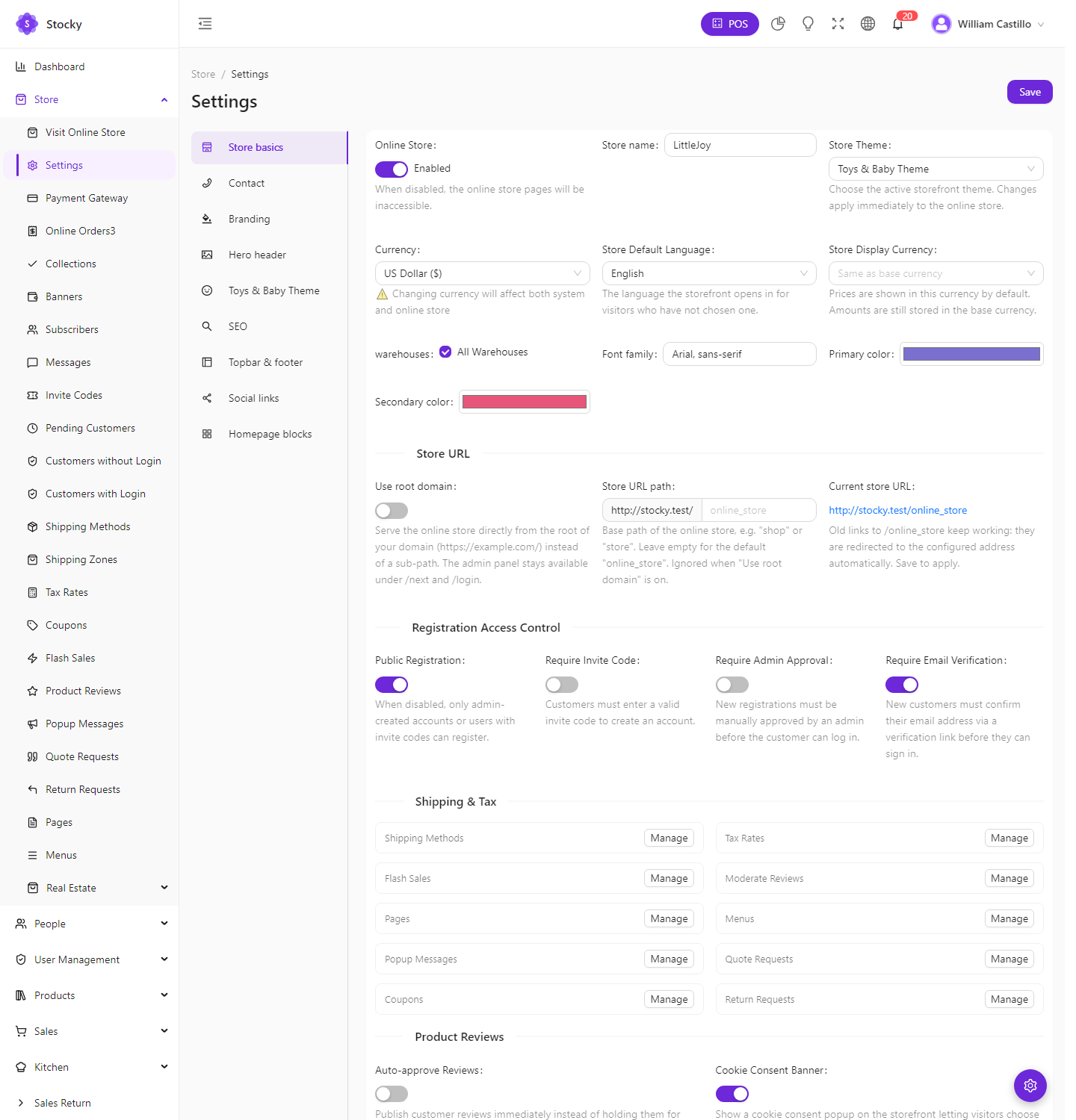 Store settings with theme picker